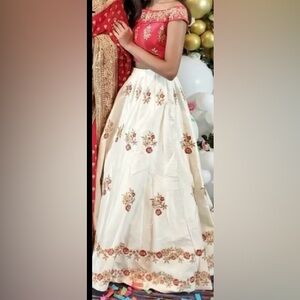 White and pink Lehnga in Raw silk